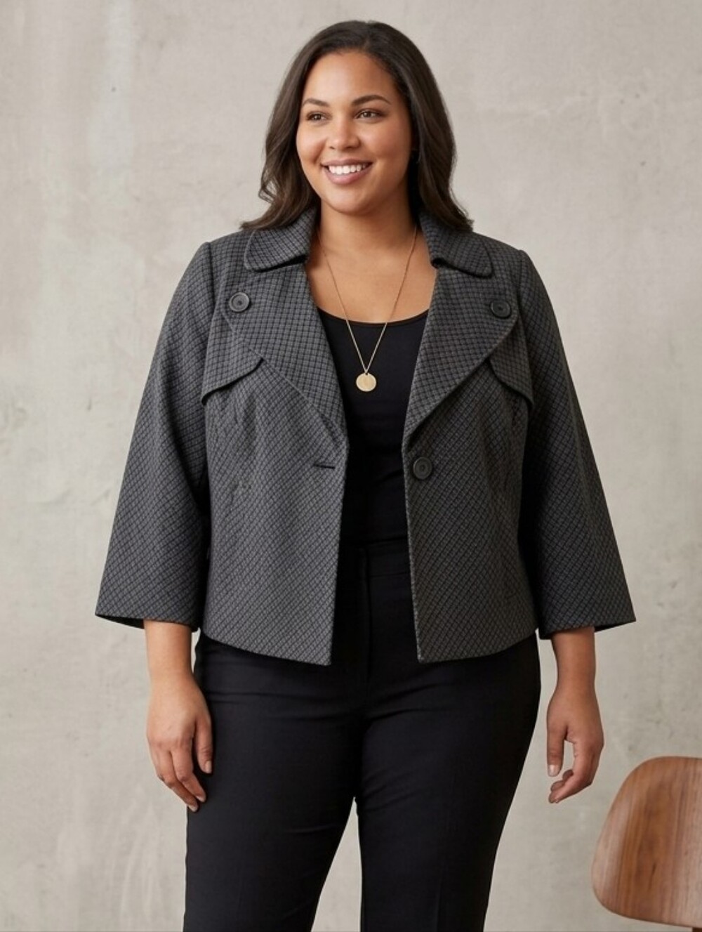 Nine West Black Windowpane Cropped Blazer